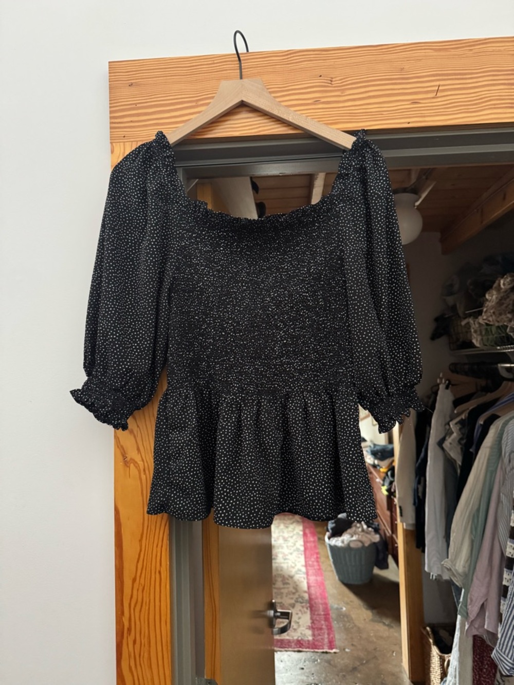 Max Studio Smocked Peplum Blouse - Black with White Dot Print